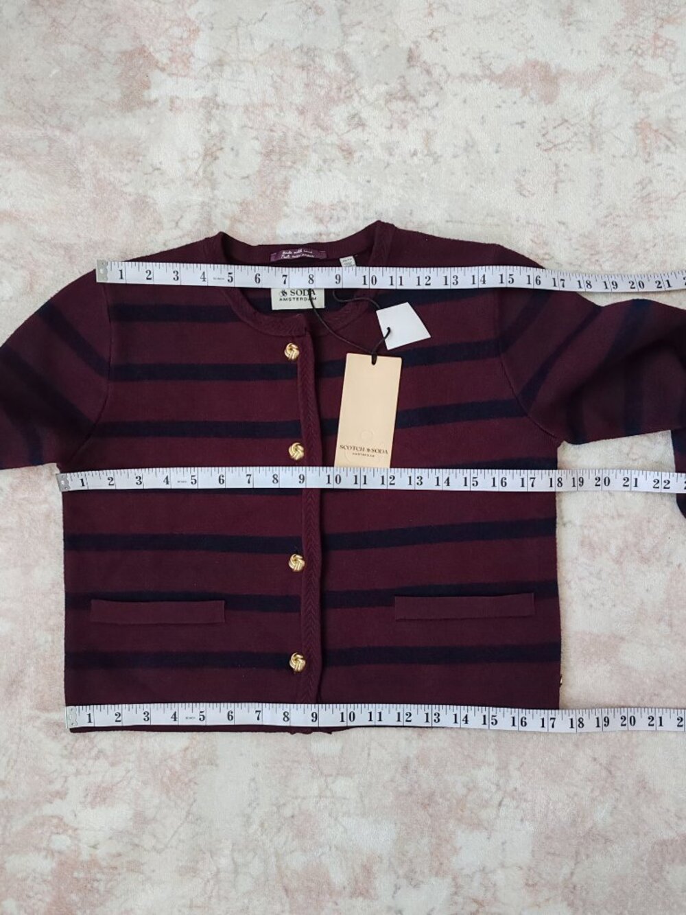 NWT Scotch & Soda Striped Knit Cardigan Sweater Gold Buttons Wine Navy XS - Picture 8 of 13